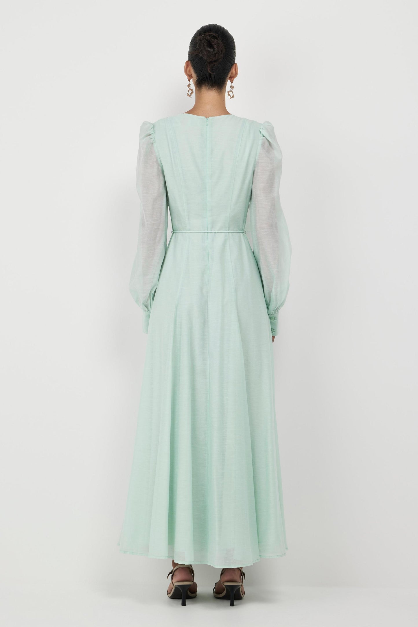 3D Flower V-Neck Lantern Sleeve Midi Dress