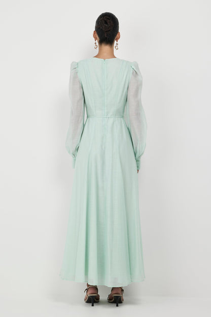 3D Flower V-Neck Lantern Sleeve Midi Dress