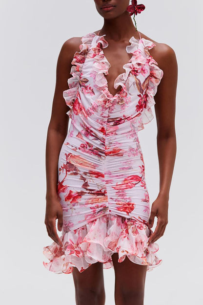 Floral Gathering Ruffle Mini Dress