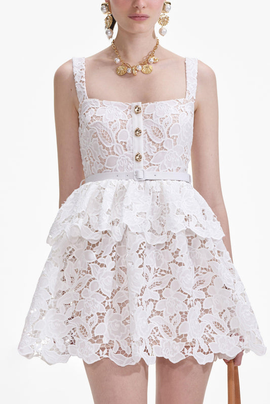 Lace Ruffle Sleeveless Mini Dress With Belt