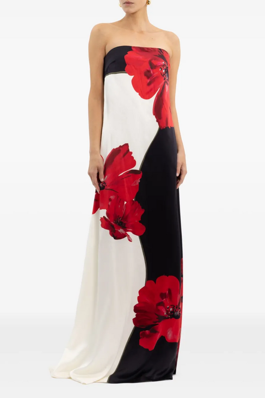 Satin Floral Off-Shoulder Maxi Dress