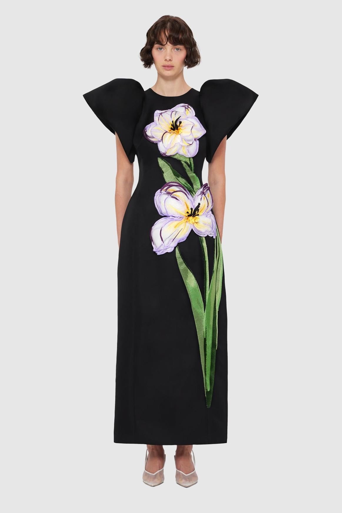 Appliquéd Puff Sleeve Round Neck Midi Dress