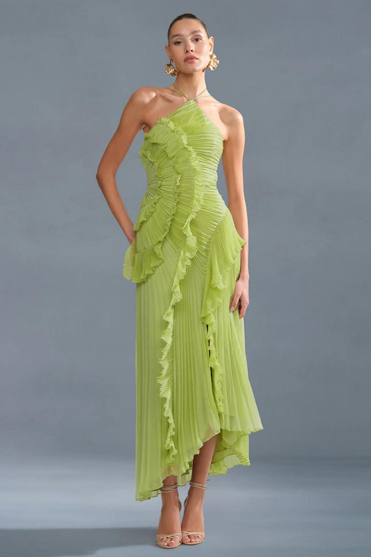 Pleated Frill Halter Neck Midi Dress