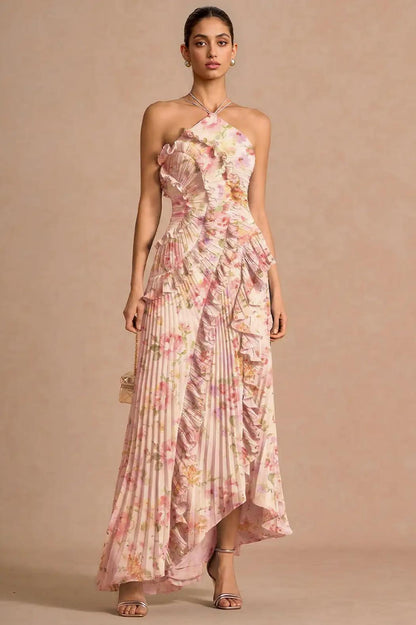 Pleated Frill Halter Neck Midi Dress