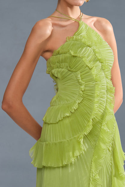 Pleated Frill Halter Neck Midi Dress