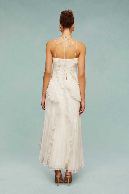 Pleated Frill Halter Neck Midi Dress