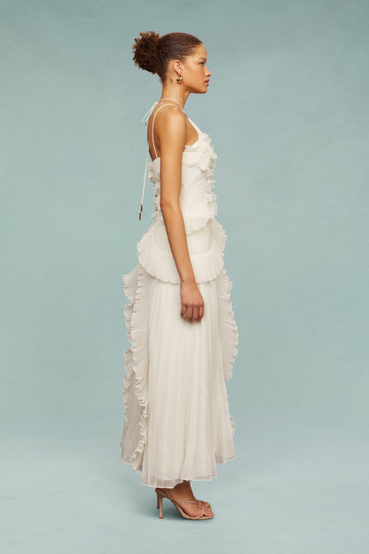 Pleated Frill Halter Neck Midi Dress