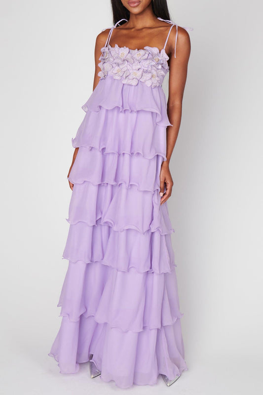 Embroidered Chiffon Ruffle Maxi Dress