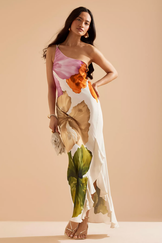Floral Ruffle One-Shoulder Midi Dress