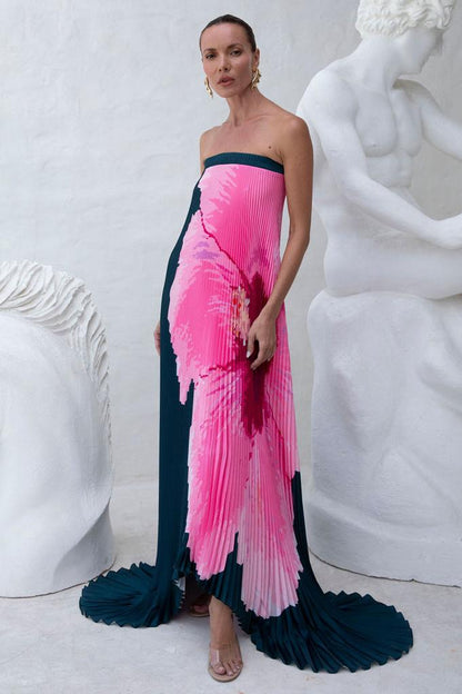 Floral Pleated Off-Shoulder Maxi Dress
