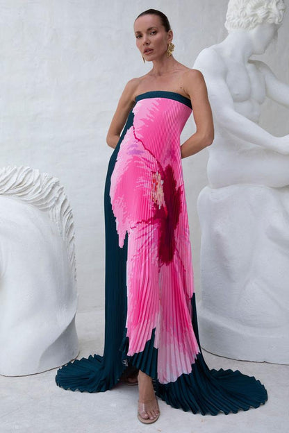 Floral Pleated Off-Shoulder Maxi Dress