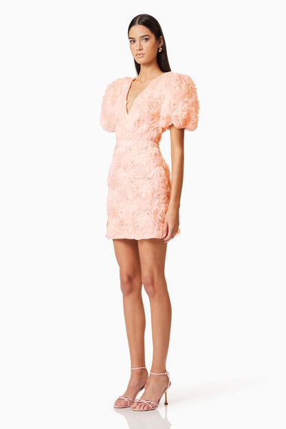 3D Flower Rhinestone Puff Sleeve Mini Dress