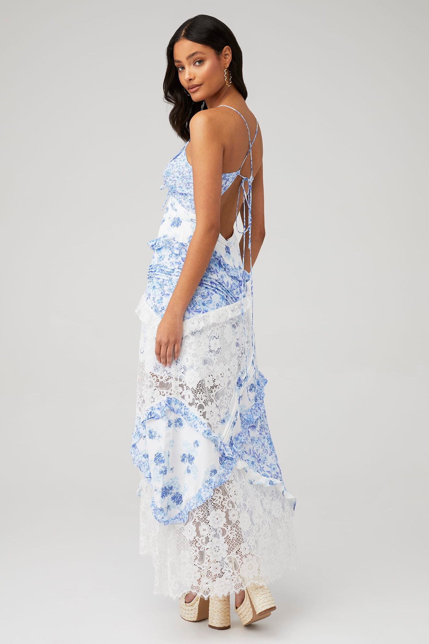 Floral Splicing Lace Slip Midi Dress