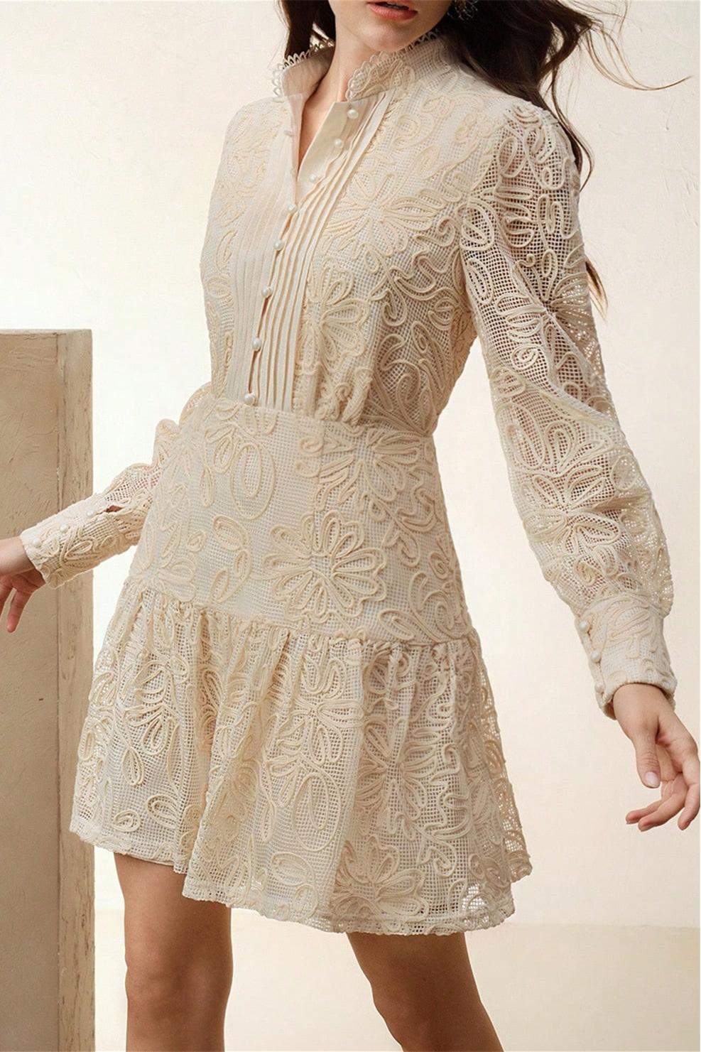Crochet Faux Pearl Button Mini Dress