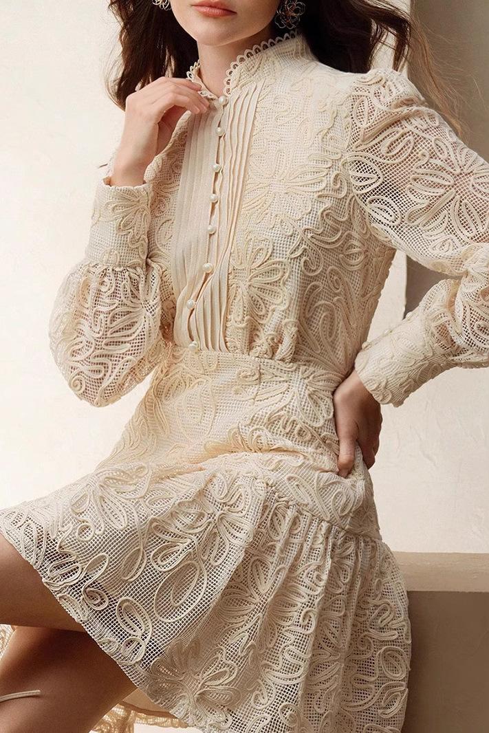 Crochet Faux Pearl Button Mini Dress