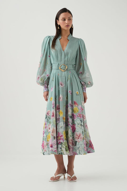 Floral Lantern Sleeve Midi Dress With Belt