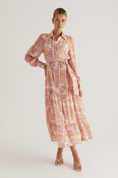 Floral Lace Edge Lace Up Midi Dress