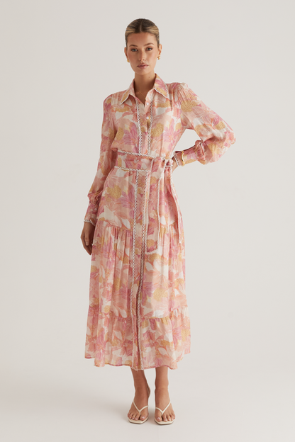 Floral Lace Edge Lace Up Midi Dress