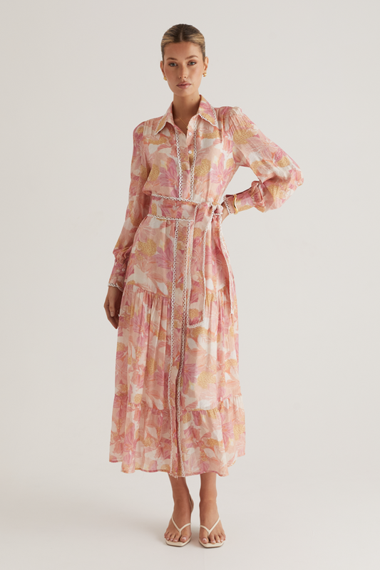 Floral Lace Edge Lace Up Midi Dress