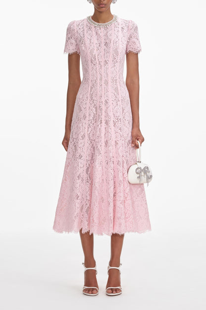 Rhinestone Faux Pearl Lace Midi Dress