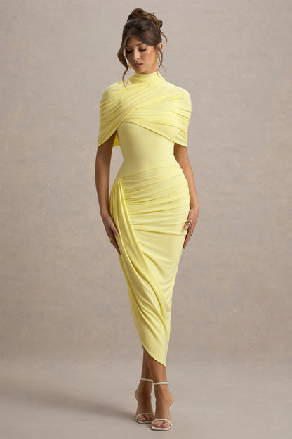 Lemon Asymmetric Twisted Cape Midi Dress