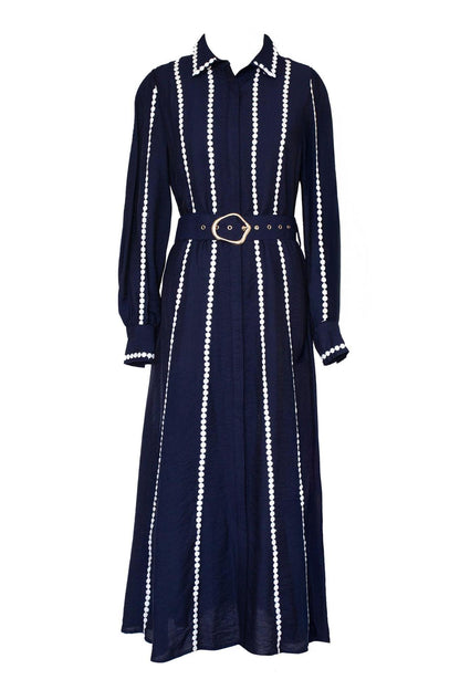 Lace Shirt Collar Midi Dress With Belt