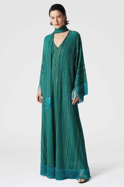 Abstract Print Tassel V-Neck Maxi Dress