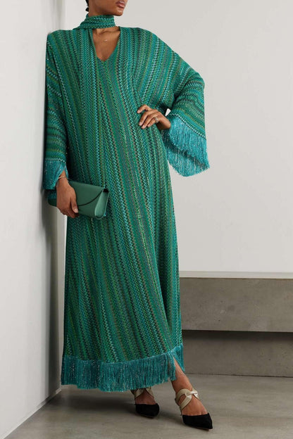 Abstract Print Tassel V-Neck Maxi Dress