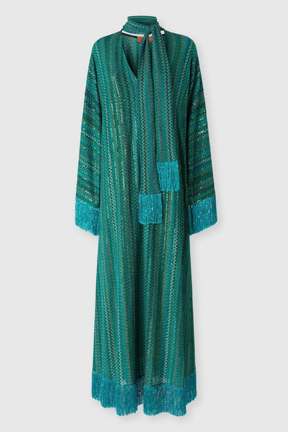 Abstract Print Tassel V-Neck Maxi Dress