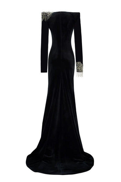 Nail Bead Embroidery Velvet Maxi Dress