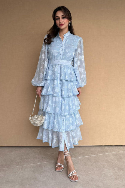 Burn-Out Lace Ruffle Midi Dress