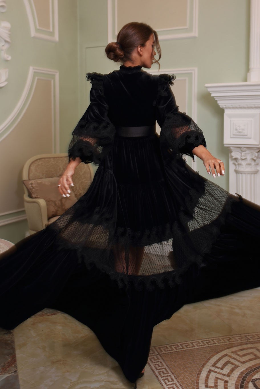 Velvet Lace Faux Pearl Midi Dress