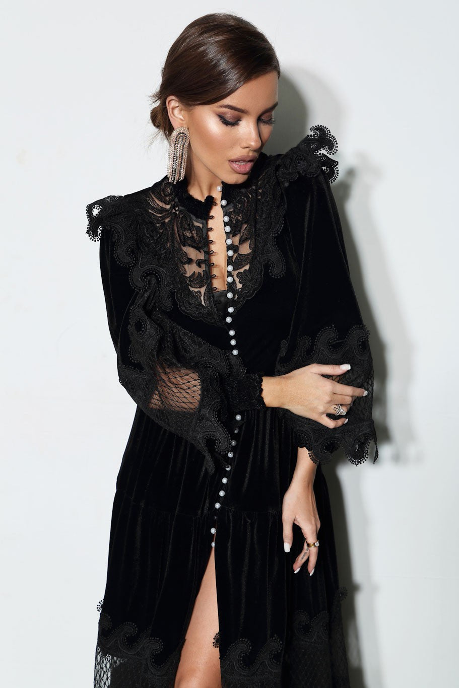 Velvet Lace Faux Pearl Midi Dress