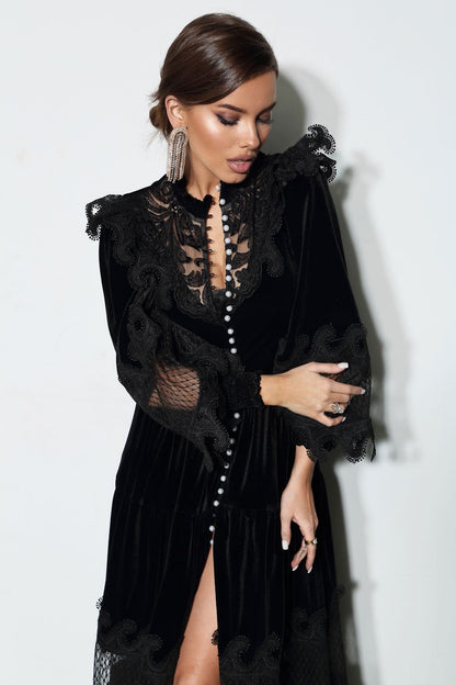 Velvet Lace Faux Pearl Midi Dress