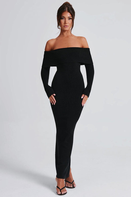 Knit Off-Shoulder Long Sleeve Maxi Dress