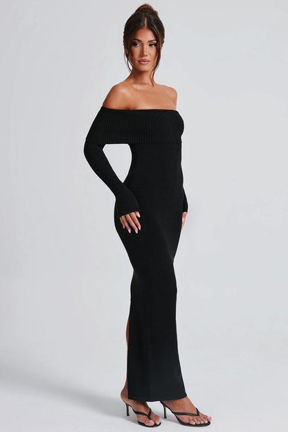 Knit Off-Shoulder Long Sleeve Maxi Dress