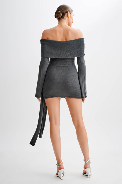 Knit Off-Shouler Tie-Up Mini Dress