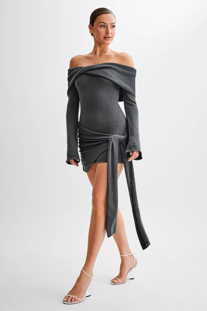 Knit Off-Shouler Tie-Up Mini Dress