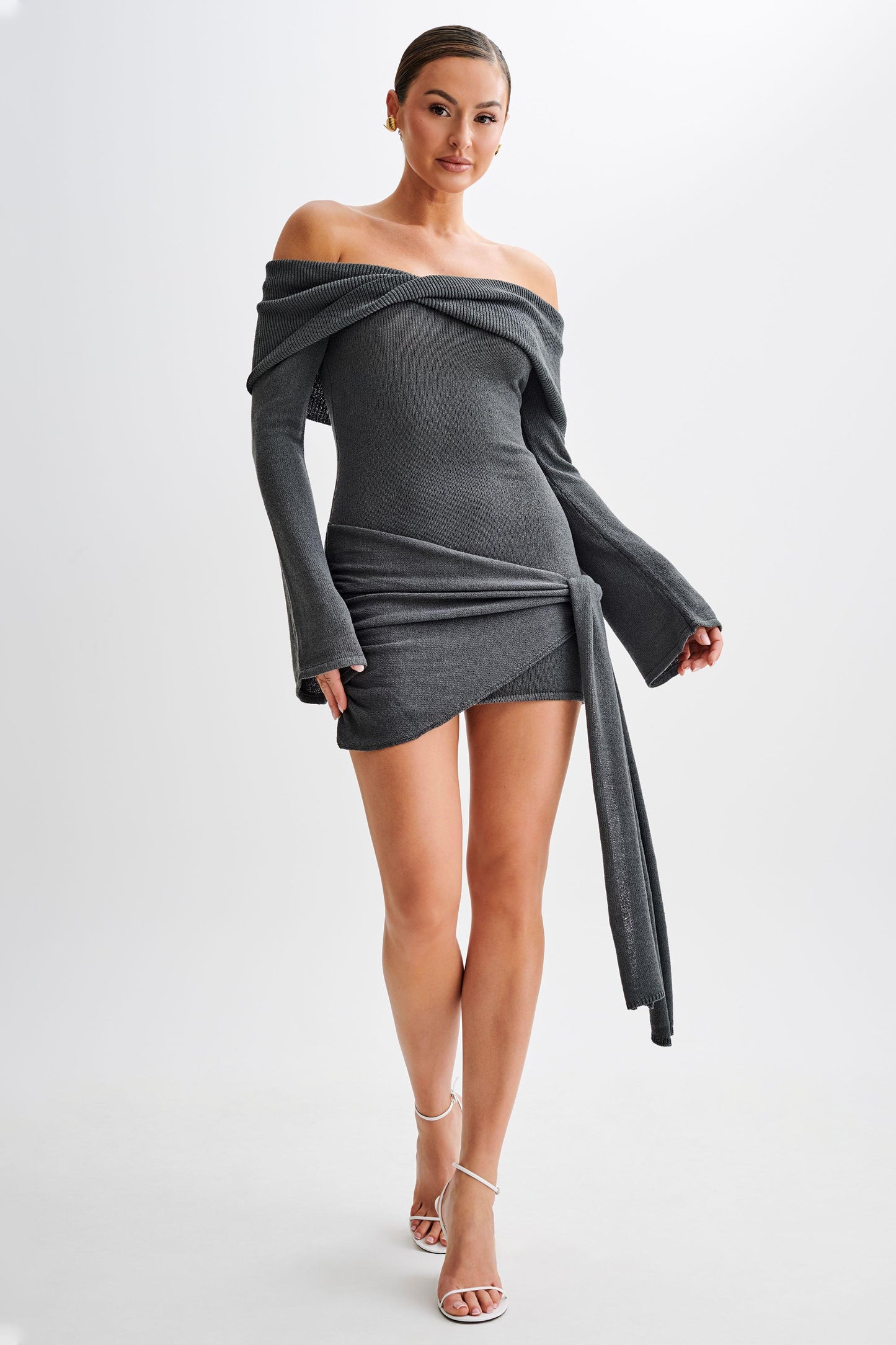 Knit Off-Shouler Tie-Up Mini Dress