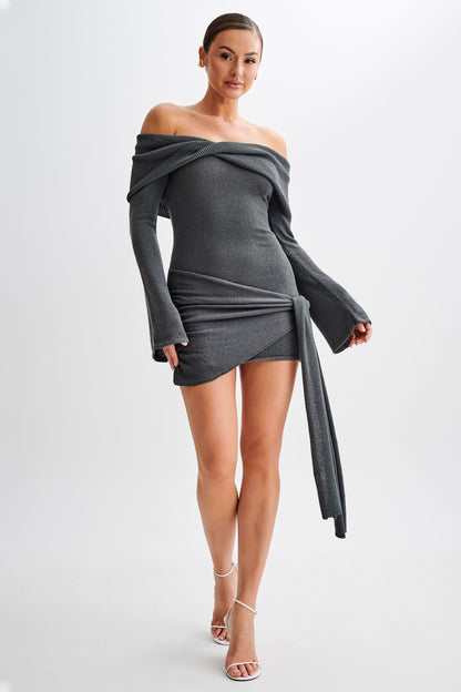 Knit Off-Shouler Tie-Up Mini Dress