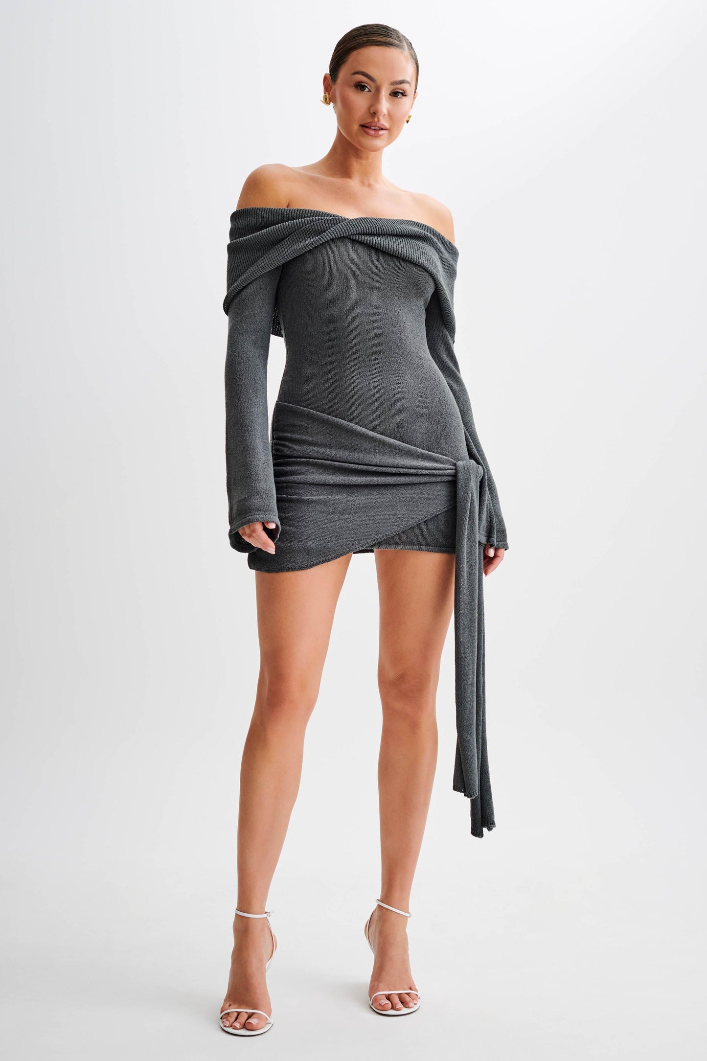 Knit Off-Shouler Tie-Up Mini Dress