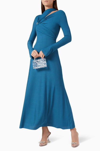 Jersey Metal Button Long Sleeve Maxi Dress