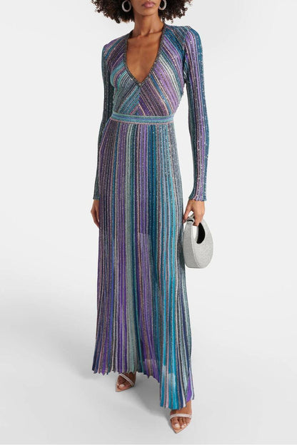 Knit Contrast Color V-Neck Midi Dress