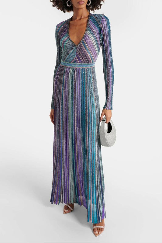 Knit Contrast Color V-Neck Midi Dress