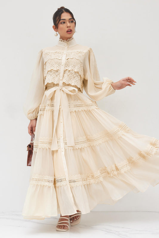 Lace Single Breasted Tie-Up Midi Dress