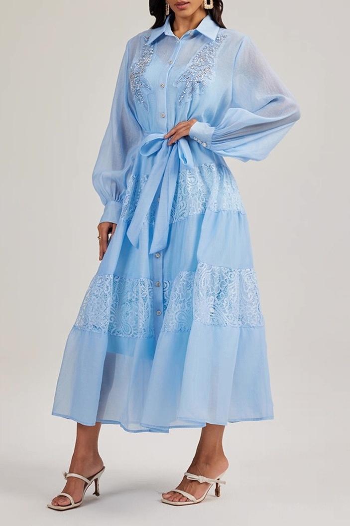 Nail Bead Embroidery Lace Midi Dress With Belt