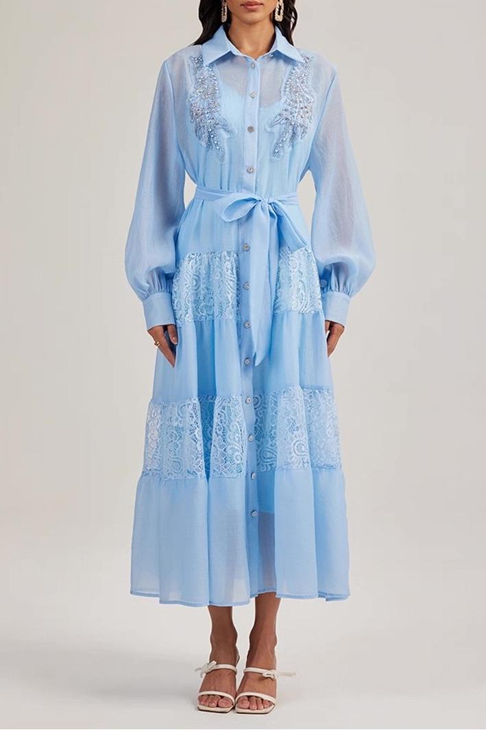 Nail Bead Embroidery Lace Midi Dress With Belt