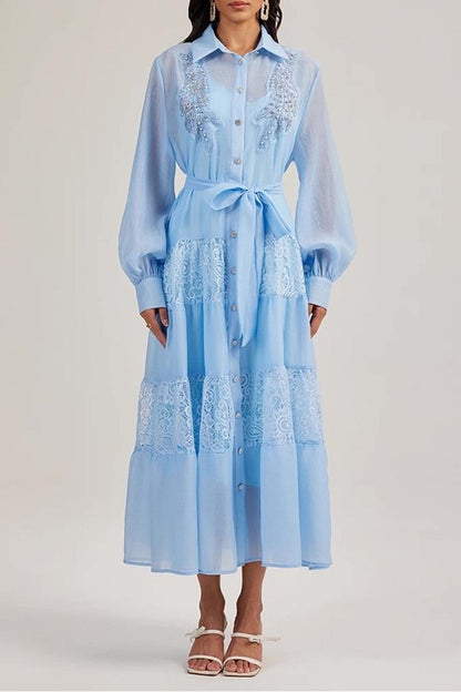 Nail Bead Embroidery Lace Midi Dress With Belt