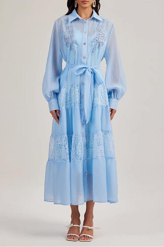 Nail Bead Embroidery Lace Midi Dress With Belt