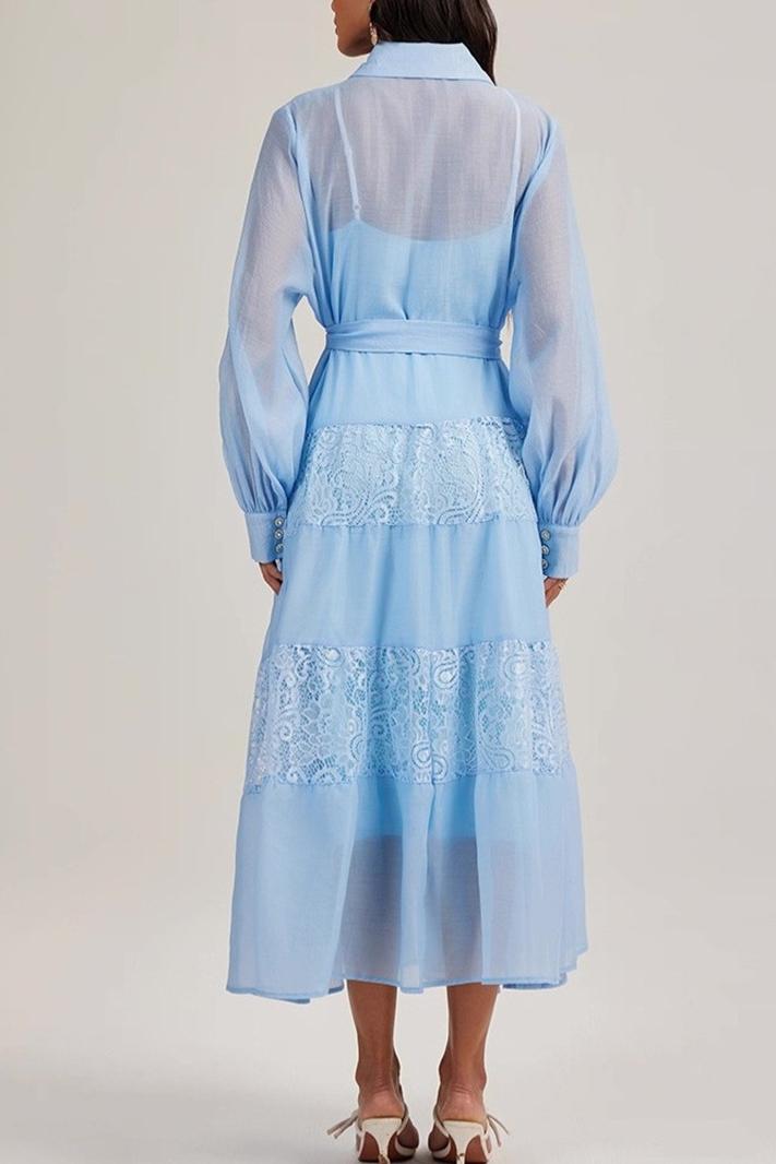 Nail Bead Embroidery Lace Midi Dress With Belt